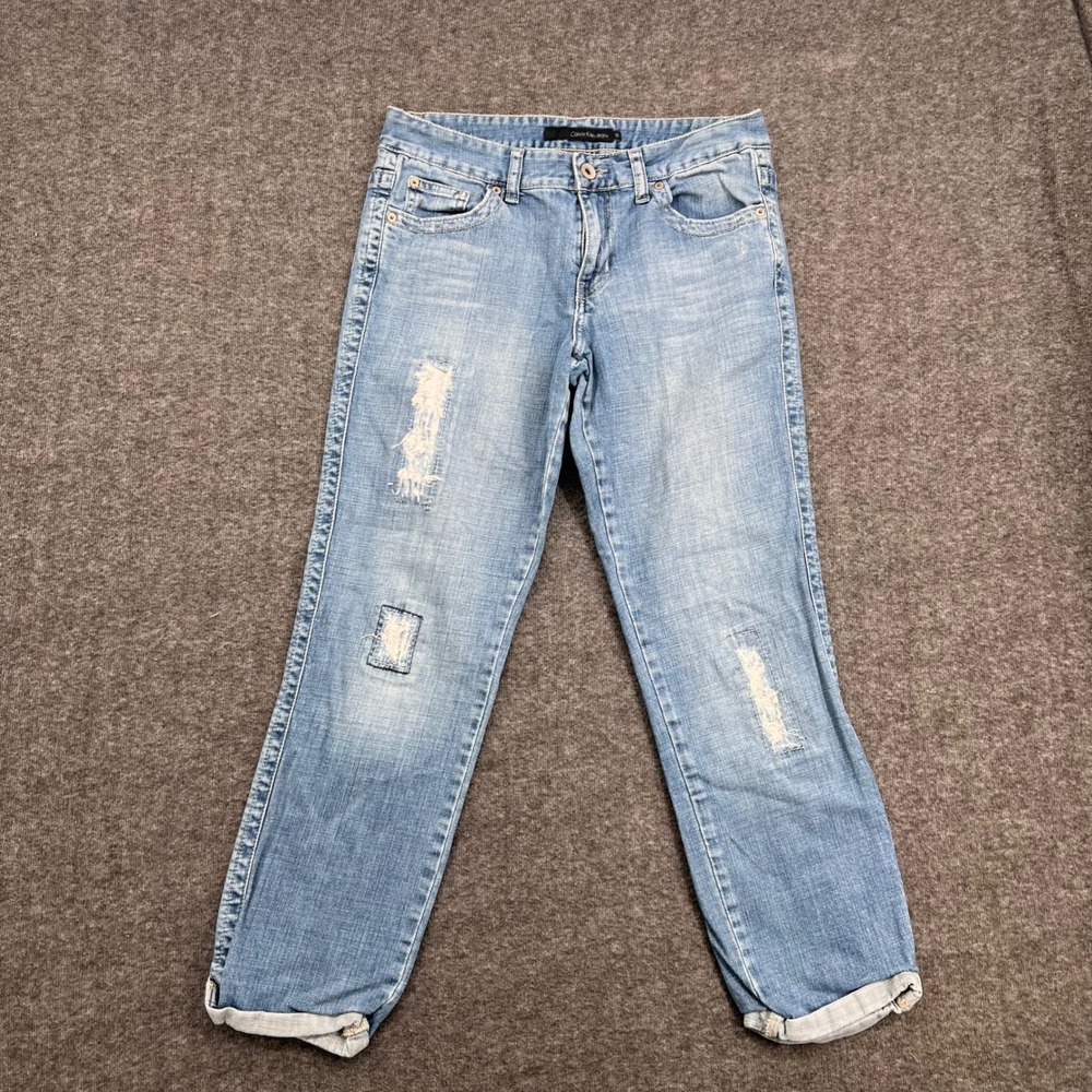 Calvin Klein Jeans Womens 10 Light Wash Distressed‎ Relaxed Boyfriend Denim Blue